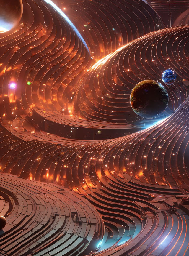 Futuristic space scene with metallic structures and planets in warm glow