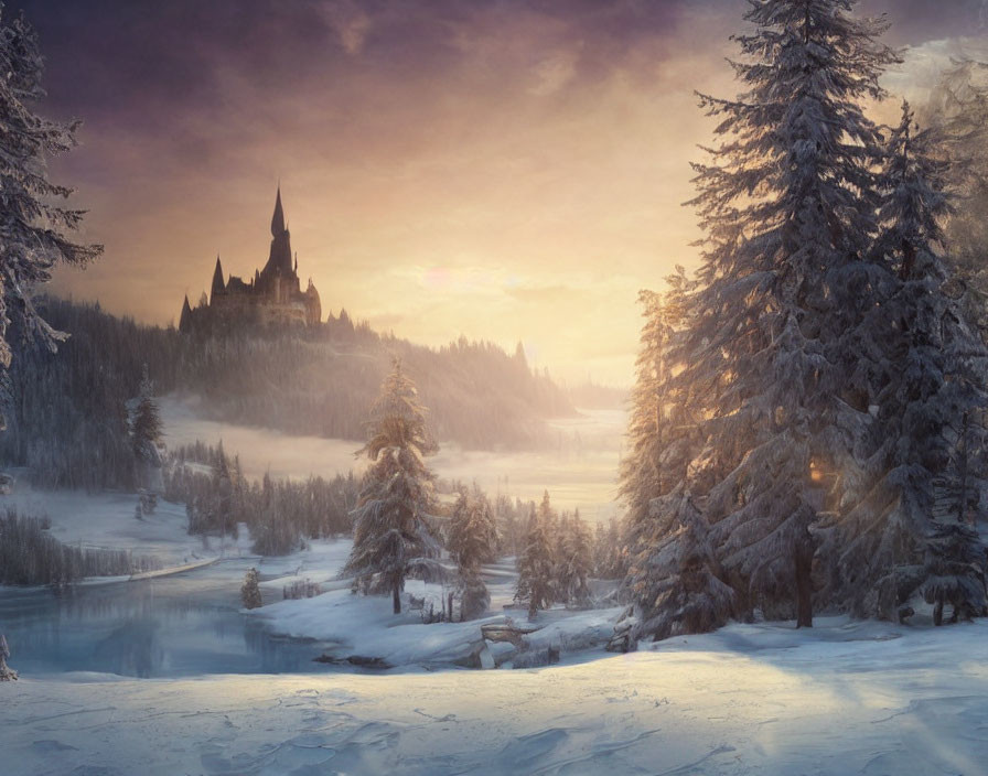 Wintry sunset landscape with castle on distant hill and frozen river