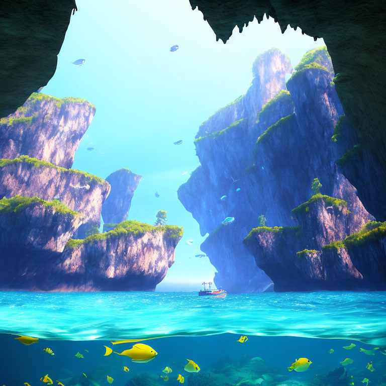 Tranquil Cave Underwater View with Boat and Tropical Fish