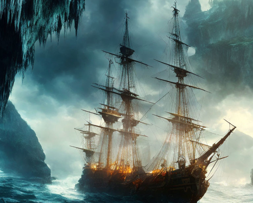 Historic sailing ship with lit lanterns navigating stormy seas near rocky cliffs.