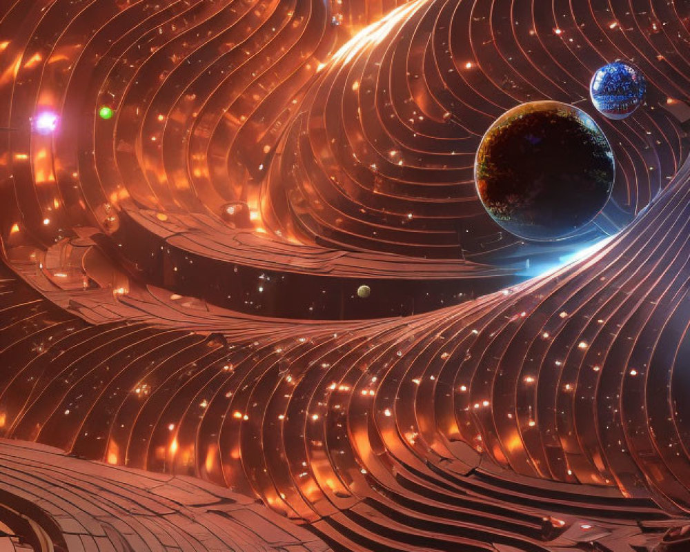 Futuristic space scene with metallic structures and planets in warm glow