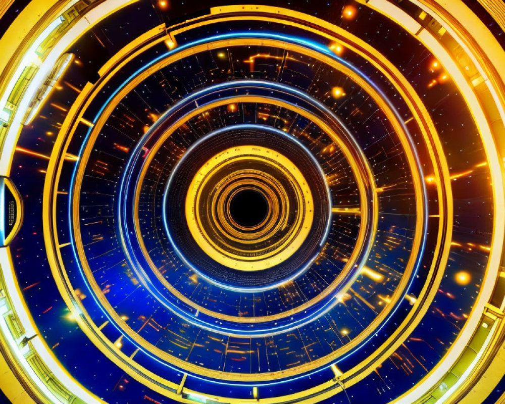 Abstract sci-fi tunnel with blue and gold light amidst star-like points