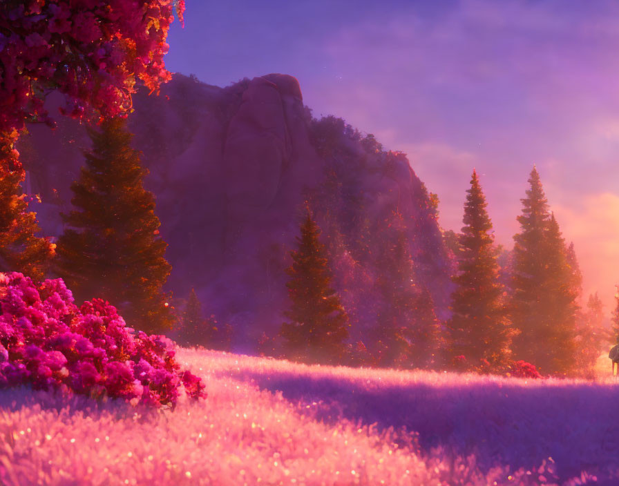 Vibrant flora and towering trees in dreamy purple landscape