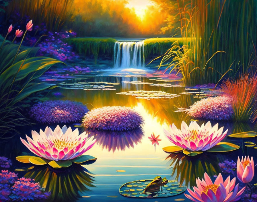 Colorful painting of waterfall, lotus flowers, frog, and sunset sky