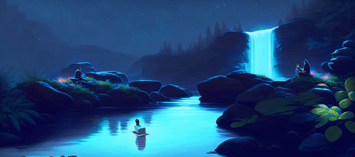 Nighttime meditation beside waterfall in luminous blue landscape with floating person under starry sky