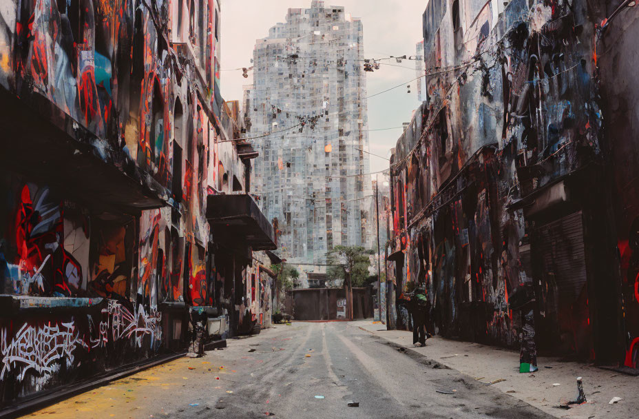 Graffiti-covered urban alley and dilapidated high-rise under cloudy sky