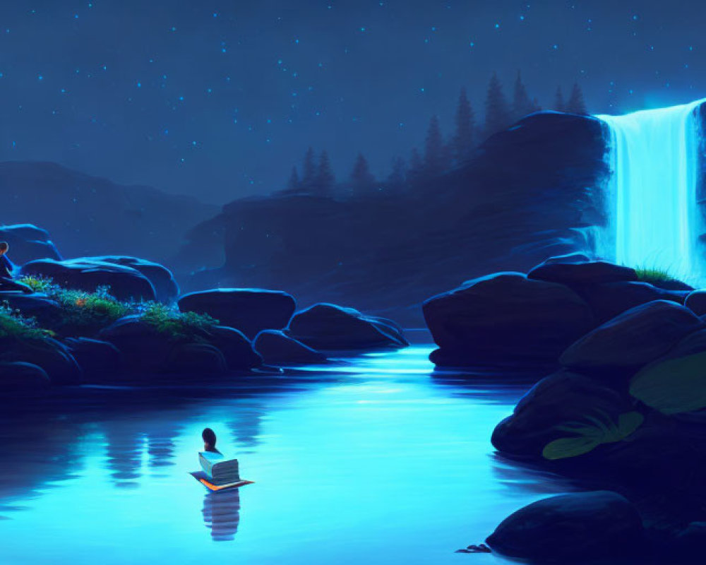 Nighttime meditation beside waterfall in luminous blue landscape with floating person under starry sky