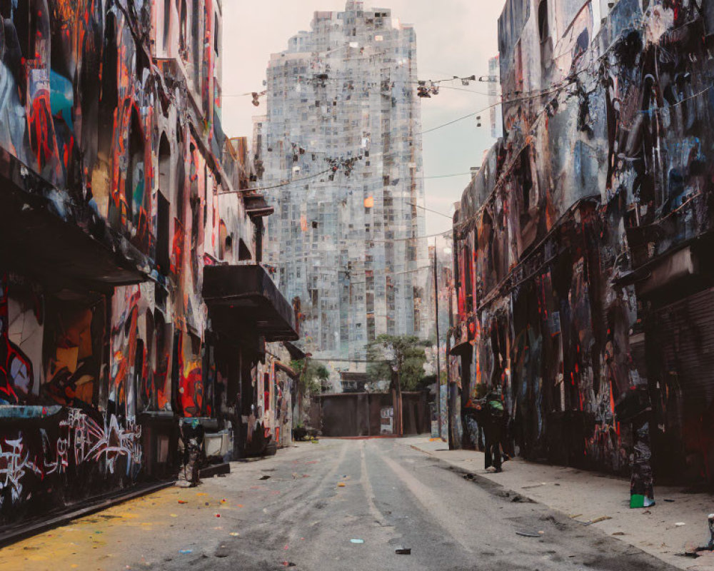 Graffiti-covered urban alley and dilapidated high-rise under cloudy sky