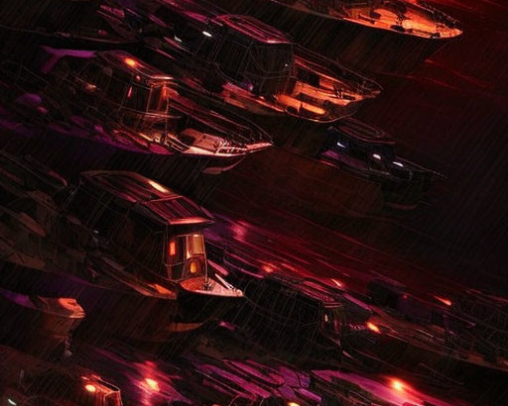 Futuristic spaceships art with glowing red lights on dark background