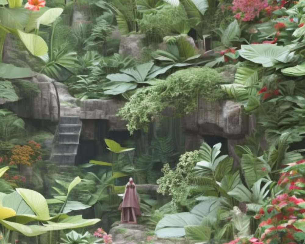 Person in pink cloak in lush garden with stone stairs and ruins