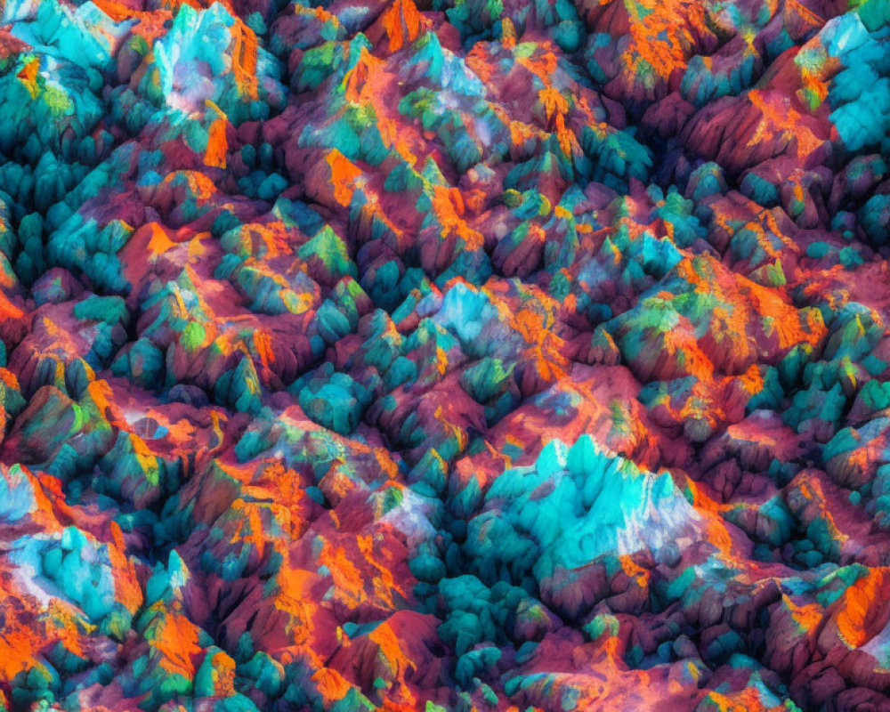 Vibrant aerial view of mountain landscape in blue, orange, and red tones