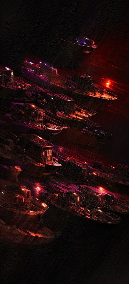 Futuristic spaceships art with glowing red lights on dark background