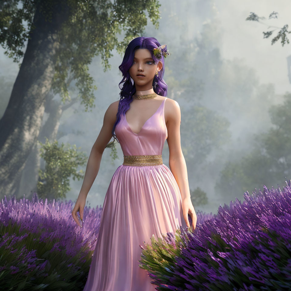 Digital artwork: Woman with purple hair in lavender field