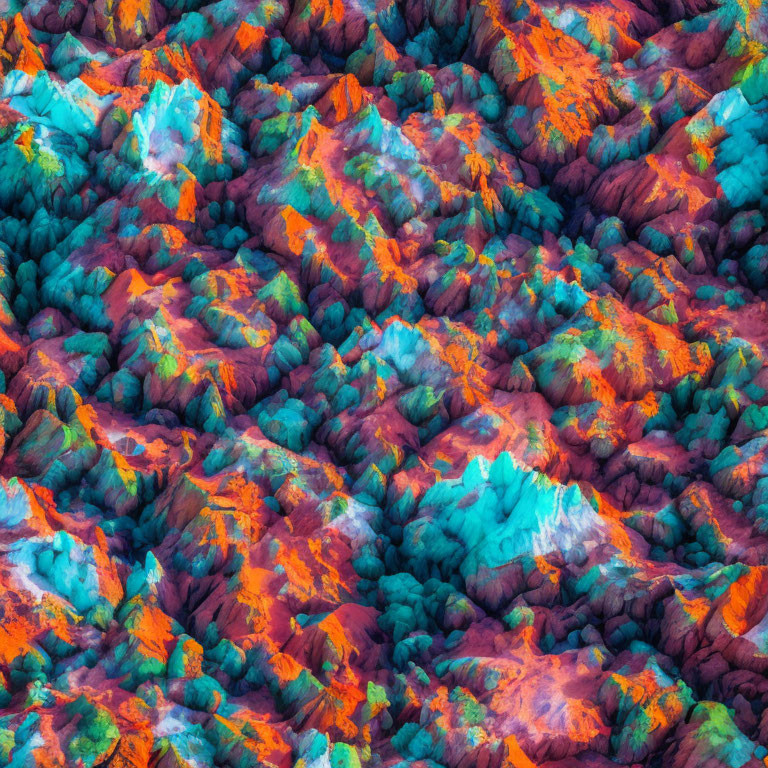 Vibrant aerial view of mountain landscape in blue, orange, and red tones