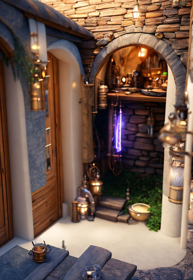 Fantasy-inspired cozy nook with wooden door, stone archway, and magical purple lighting