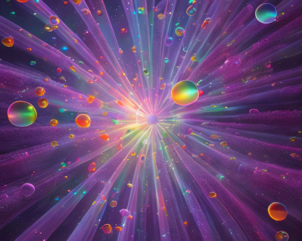 Colorful cosmic landscape with central light and floating bubbles