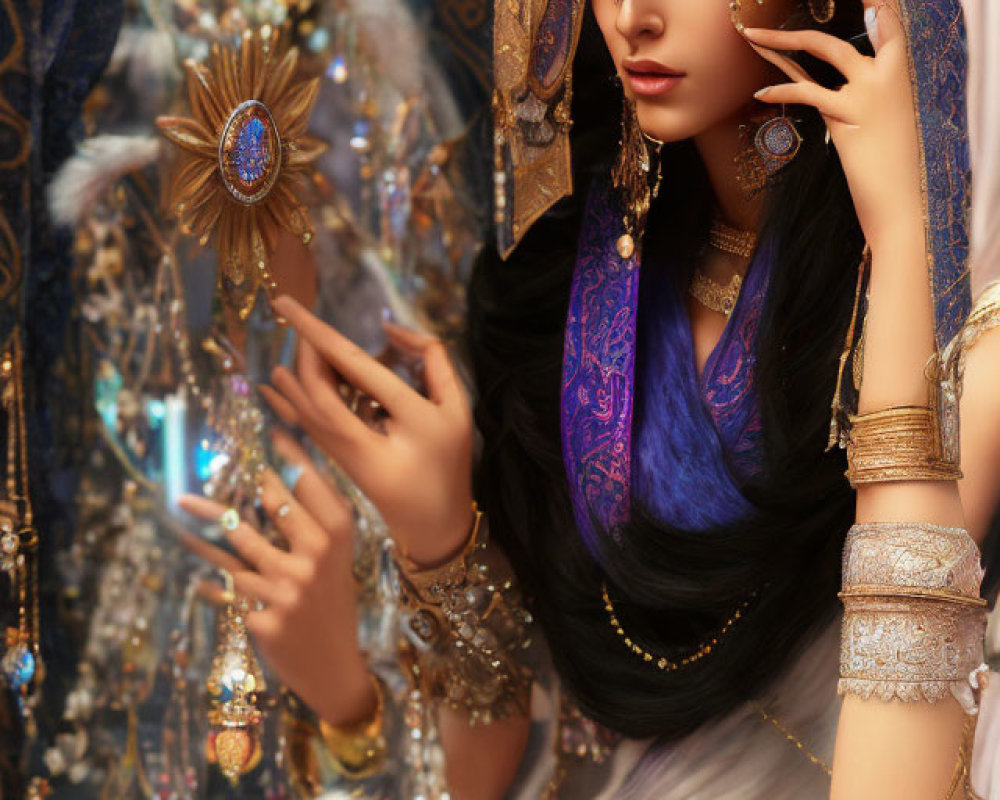 Person in jeweled headdress and blue attire with gold accents, reflecting luxury and mystique