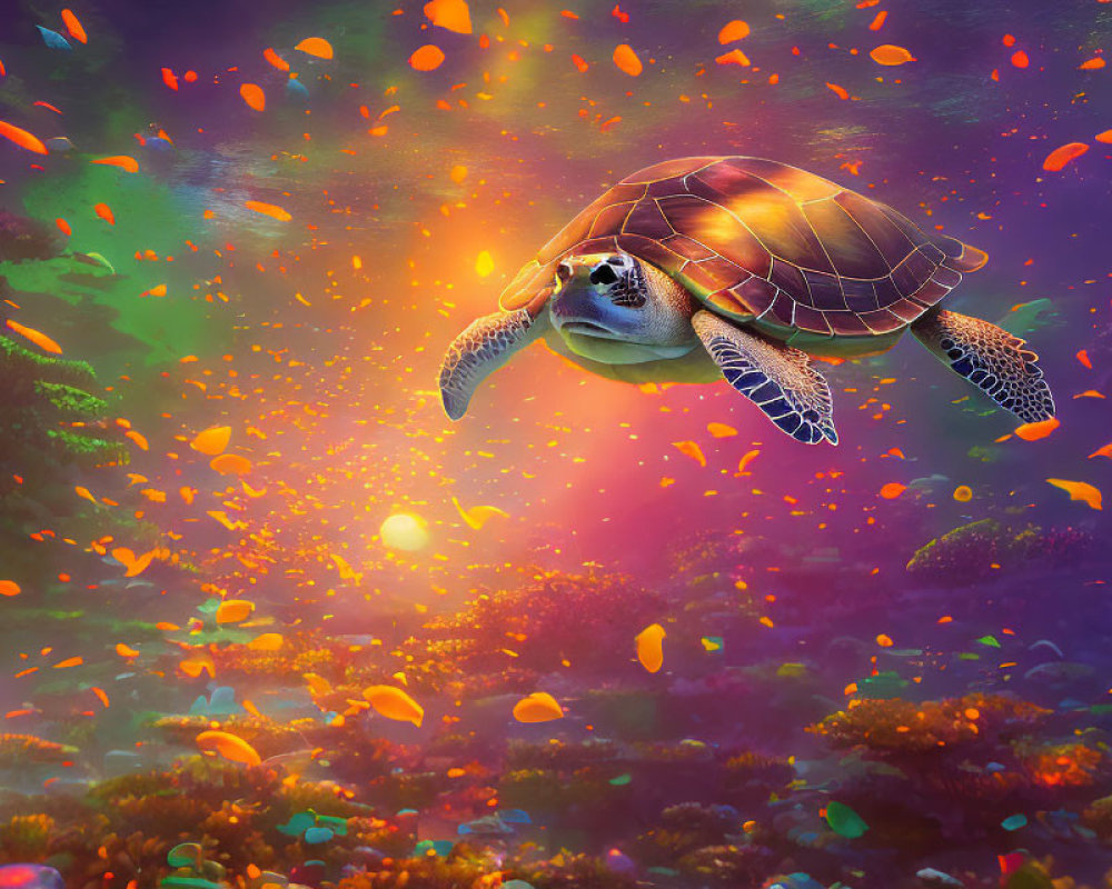 Sea turtle swimming in vibrant underwater scene with colorful fish and coral under golden light