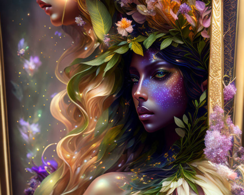 Illustrated woman with floral crown and flowing hair reflected in mirror surrounded by glowing particles