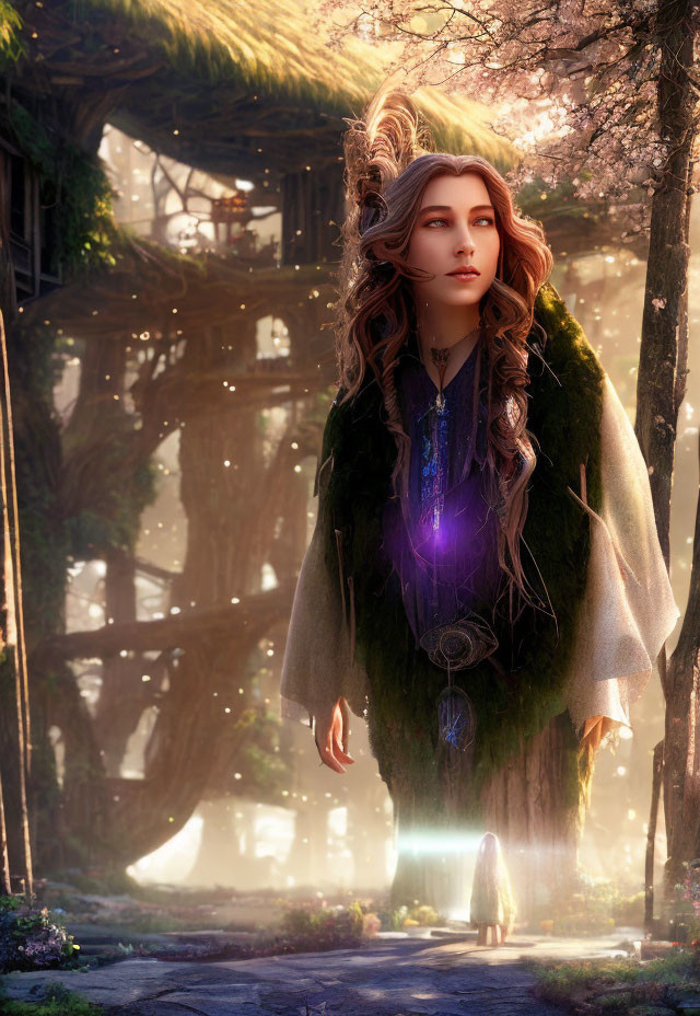 Mystical female figure with glowing orb in forest setting