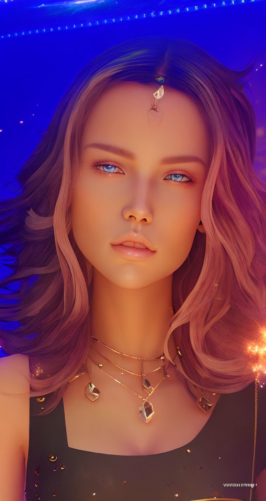 Digital artwork: Woman with blue eyes, wavy hair, forehead jewel, heart necklace, neon backdrop