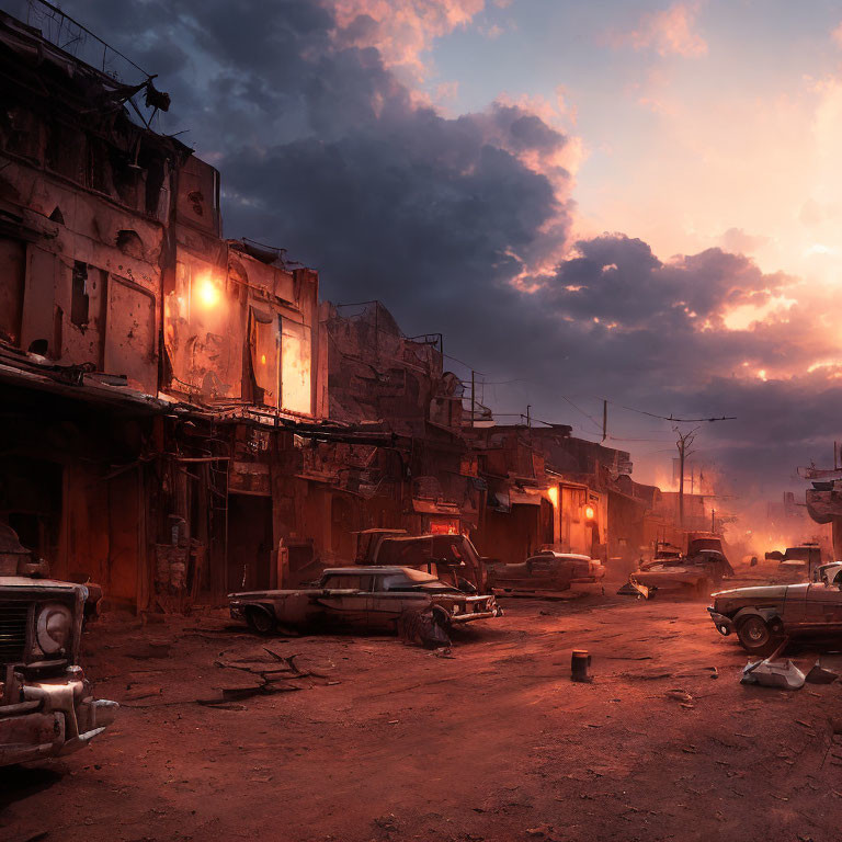 Abandoned urban landscape with damaged buildings and deserted cars at dusk