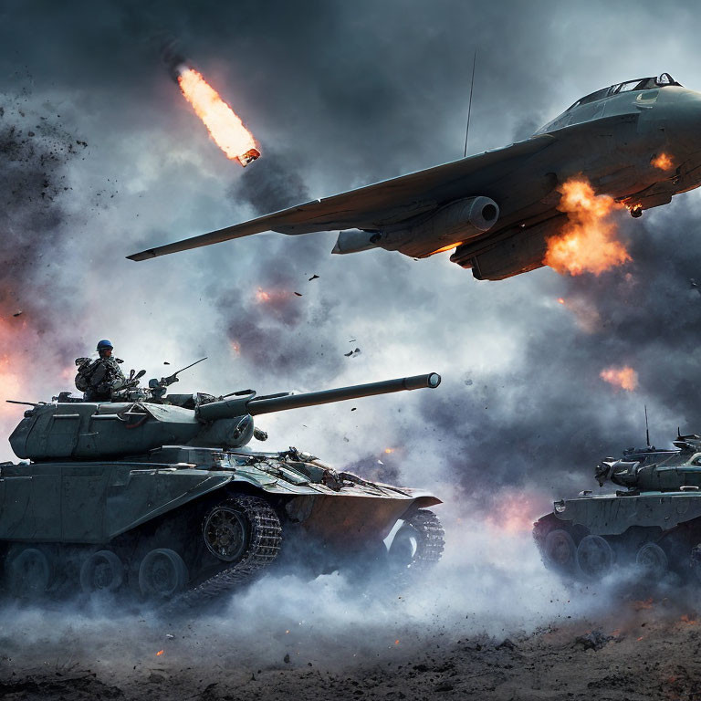 Intense battlefield scene with tanks, troops, and aircraft in fiery chaos