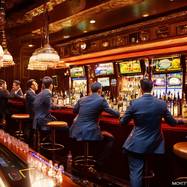 Professionals in business attire at bar with drinks and illuminated backdrop