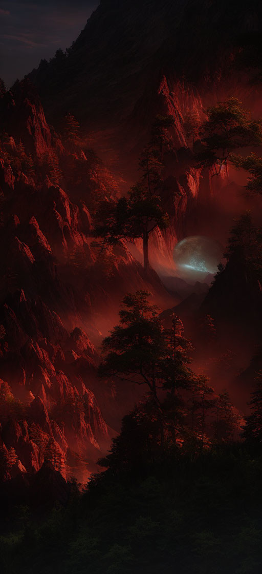 Surreal landscape with glowing red light, dark cliffs, silhouetted trees, and full