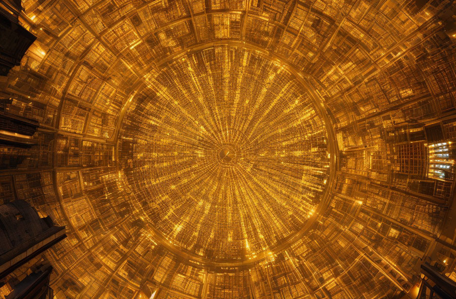 Circular golden architecture with intricate radiant patterns.