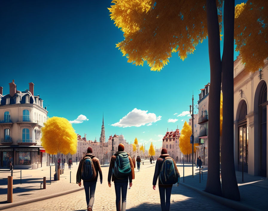 Sunny city street with yellow trees and historic architecture