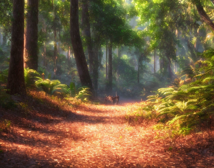 Tranquil Forest Path with Sunlight and Mist