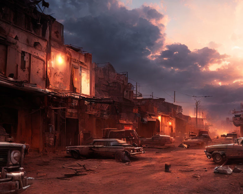 Abandoned urban landscape with damaged buildings and deserted cars at dusk