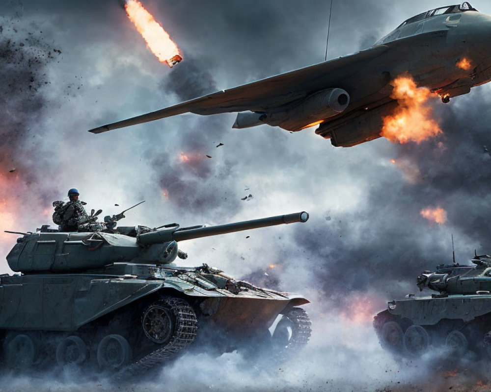 Intense battlefield scene with tanks, troops, and aircraft in fiery chaos