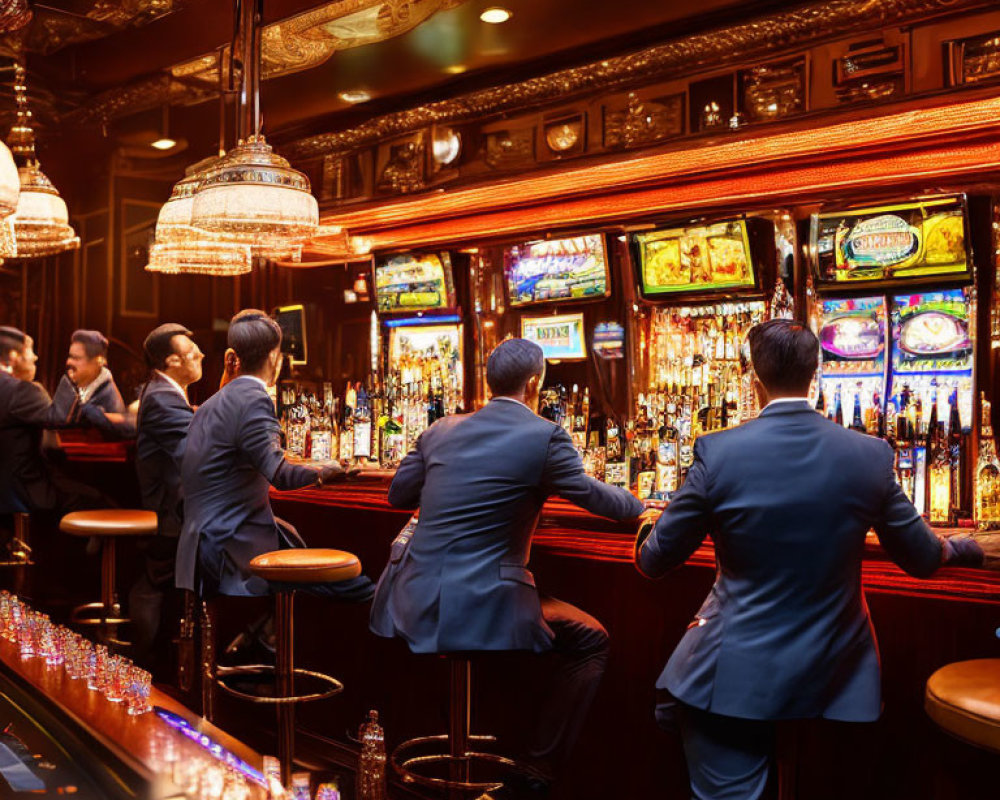 Professionals in business attire at bar with drinks and illuminated backdrop