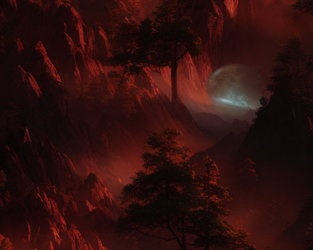 Surreal landscape with glowing red light, dark cliffs, silhouetted trees, and full