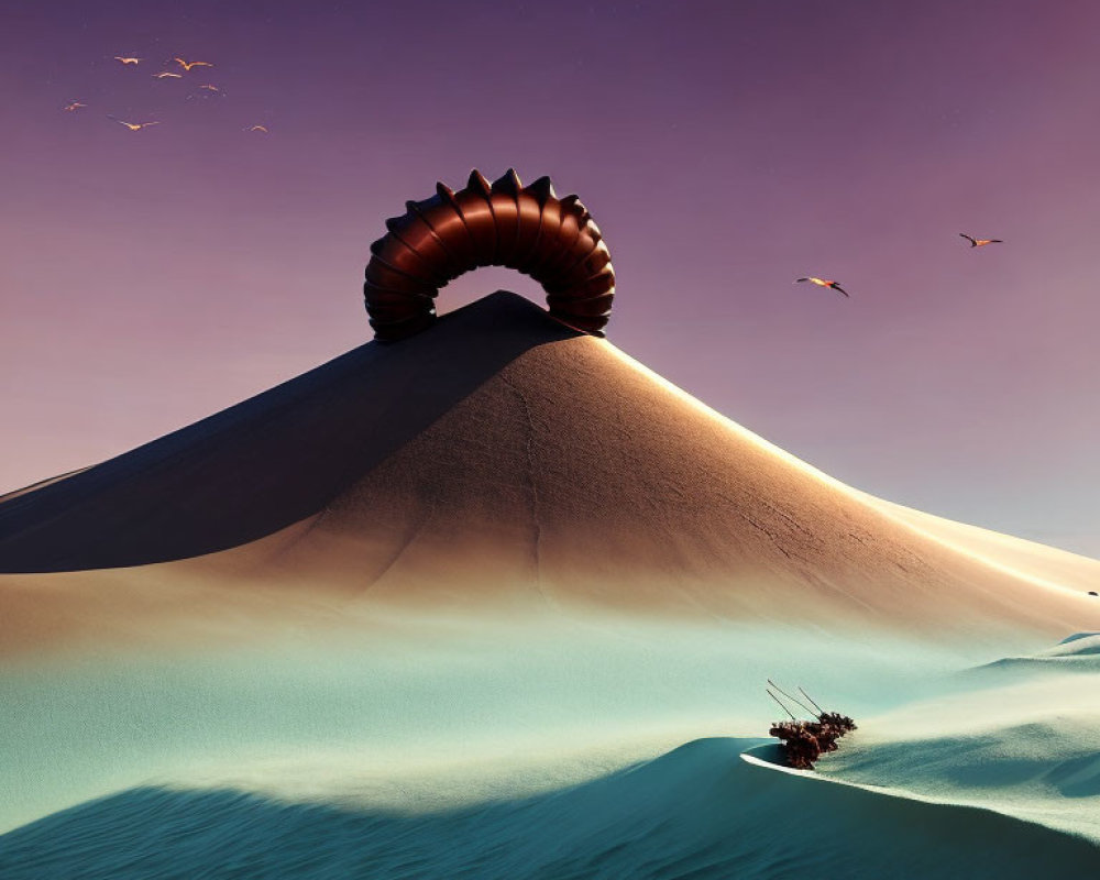 Surreal desert landscape with giant shell structure and flying birds