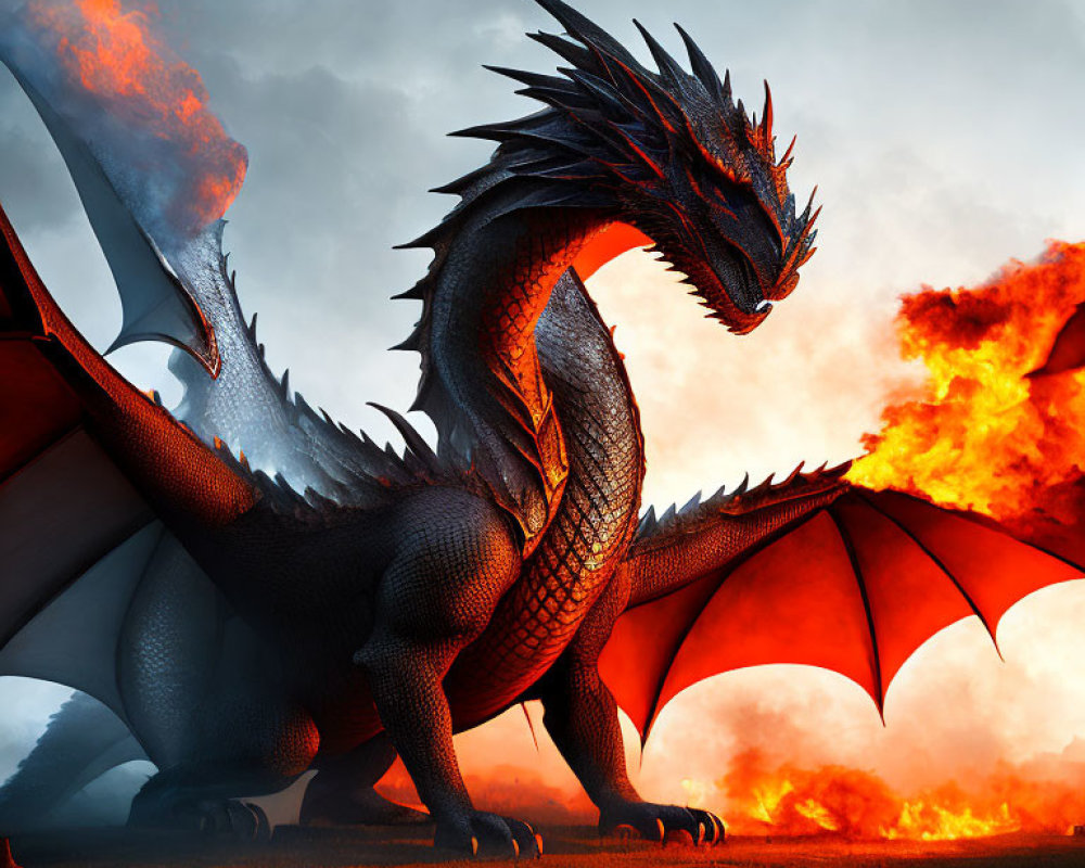 Black dragon breathing fire against twilight sky with fiery clouds.