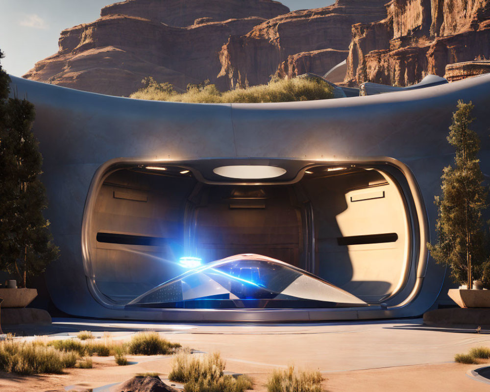 Futuristic train station in desert canyon with advanced blue-glowing train