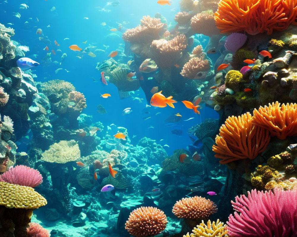 Colorful Fish and Diverse Coral in Sunlit Underwater Scene