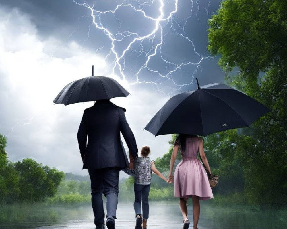 Adults and child walking with umbrellas under stormy sky.