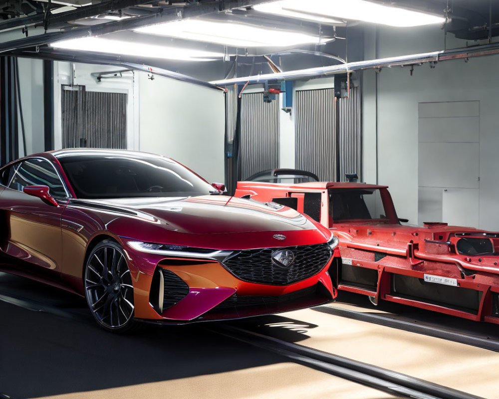 Red sports car undergoes inspection on industrial conveyor belt in high-tech facility