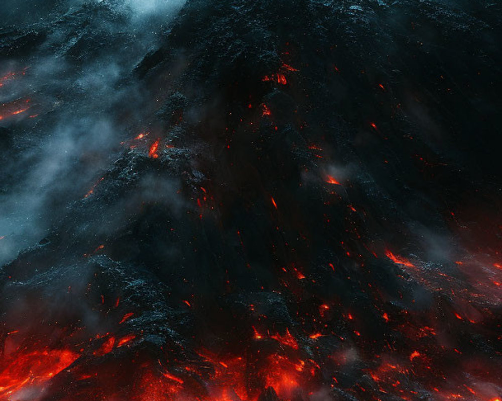 Majestic Volcanic Mountains with Glowing Lava Flows at Night