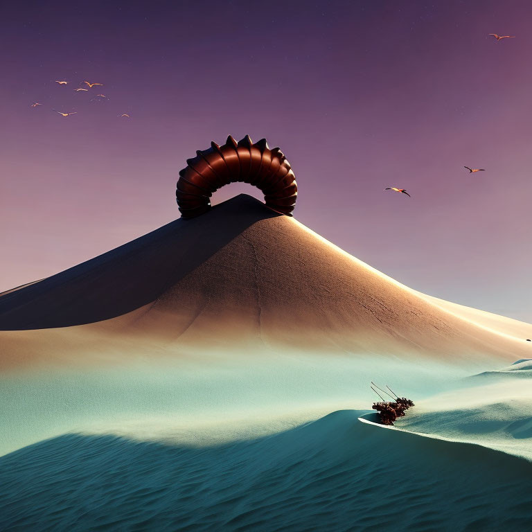 Surreal desert landscape with giant shell structure and flying birds