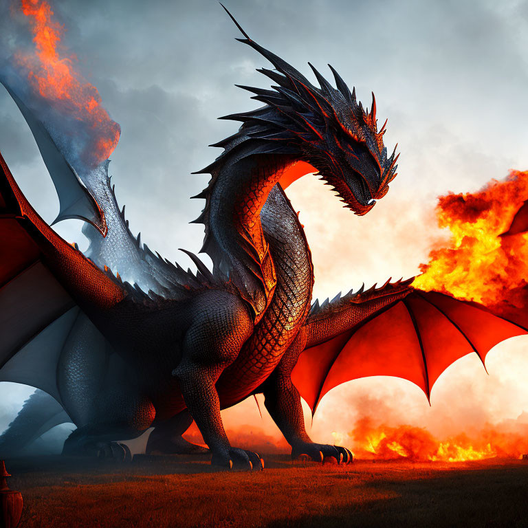 Black dragon breathing fire against twilight sky with fiery clouds.