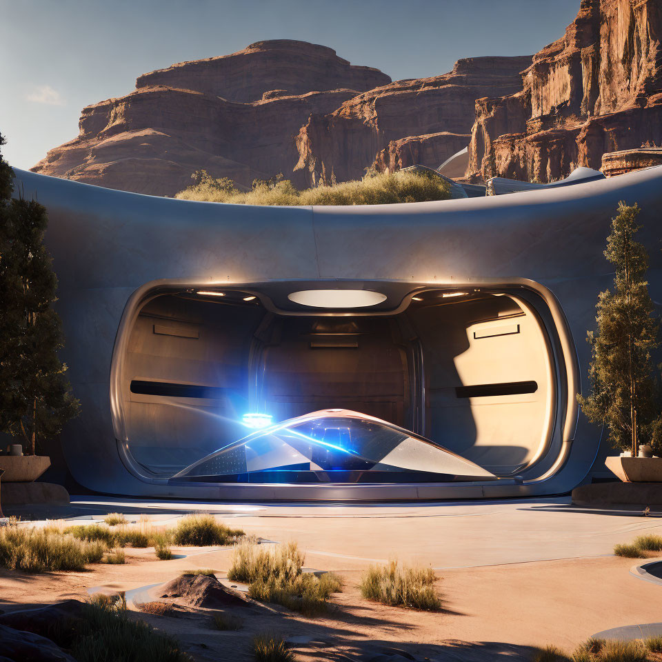 Futuristic train station in desert canyon with advanced blue-glowing train