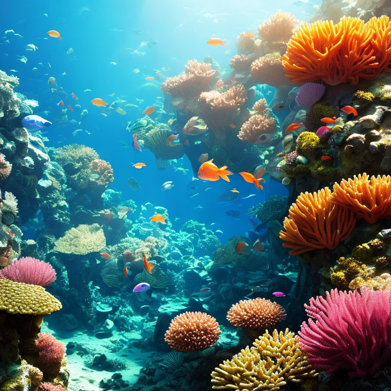 Colorful Fish and Diverse Coral in Sunlit Underwater Scene