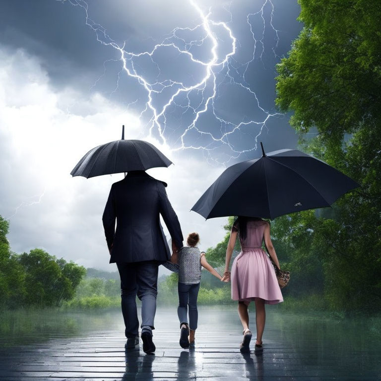 Adults and child walking with umbrellas under stormy sky.