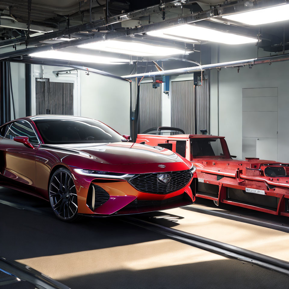 Red sports car undergoes inspection on industrial conveyor belt in high-tech facility