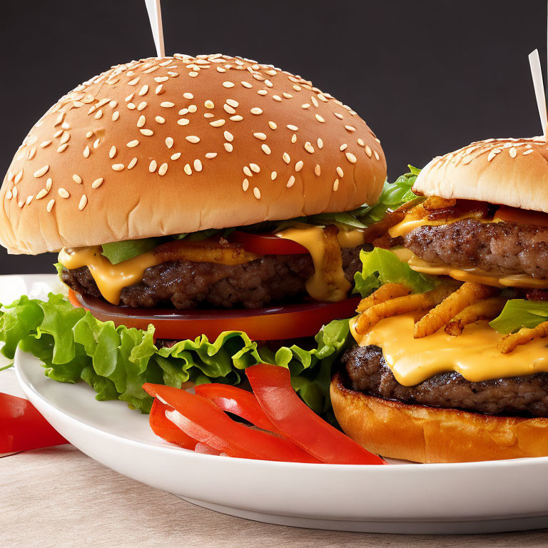 Delicious Cheeseburgers with Bacon, Lettuce, Tomato, Fries, and Red Pepper